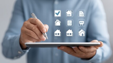 Business Management Concept Showing Property Management Tools on Digital Tablet with Icons for Real Estate Transactions and Document Handling