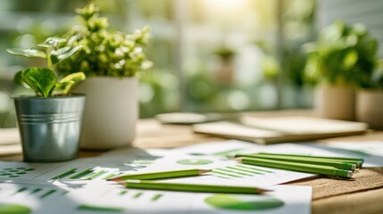 a serene workspace featuring potted plants a notebook charts and green pencils bathed in soft natural light conveying a peaceful ambiance high quality professional detailed modern