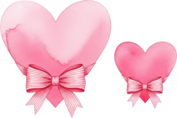 Two watercolor pink hearts adorned with striped ribbon bows of different sizes symbolize love romance and affection in a gentle artistic style valentine shape cute decoration