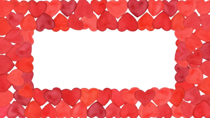 Watercolor frame border composed of numerous overlapping red and reddish heart shapes creating a decorative rectangular opening for copy space love romantic valentine hearts