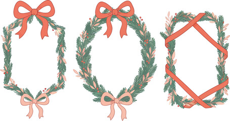 Christmas decorative frames with fir tree branches, set of hand drawn doodle coquette whimsical bow ribbon frames and borders, new year design holiday frame vector set
