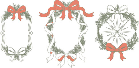 Christmas decorative frames with fir tree branches, set of hand drawn doodle coquette whimsical bow ribbon frames and borders, new year design holiday frame vector set