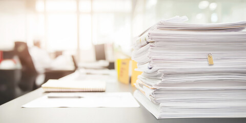 Stack of confidential office documents with padlock on a clean desk, symbolizing data security and bureaucracy