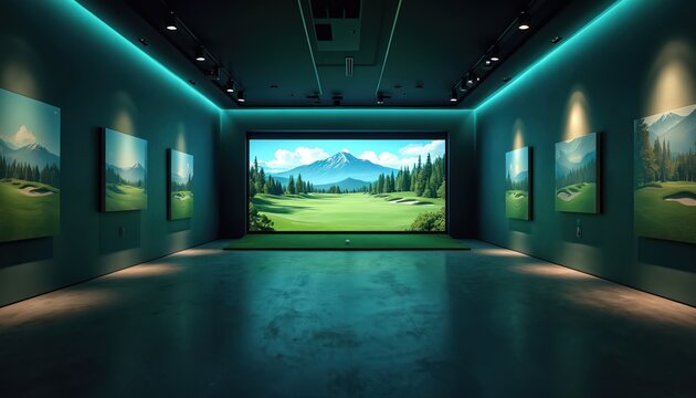Golf simulator room displays mountain landscape screen. Indoor golf entertainment uses tech for realistic course simulation. Green carpet floor with golf ball. - Powered by Adobe