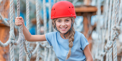 Smiling girl in red safety helmet having fun navigating a challenging rope course in an outdoor adventure park