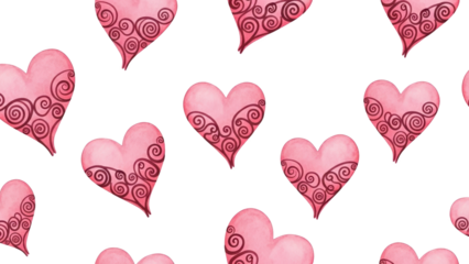 Watercolor pink hearts adorned with intricate dark red swirls scattered across a dark visual space creating a romantic pattern love valentine seamless decoration affection