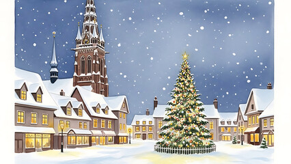 Christmas tree in the snowy town square with church tower