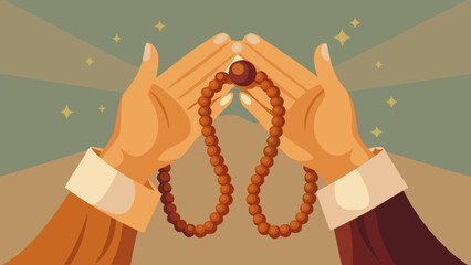 Vector illustration of two hands holding wooden prayer beads, focusing on the texture of the beads and the spiritual act of Dhikr, soft lighting.