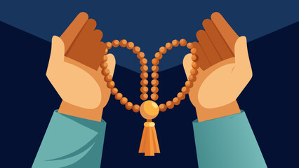 Vector illustration of two hands holding wooden prayer beads, focusing on the texture of the beads and the spiritual act of Dhikr, soft lighting.