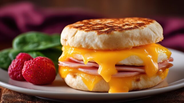 a delicious breakfast sandwich presented on a white plate features ham melted cheddar cheese and a freshly baked english muffin with strawberries high quality professional detailed
