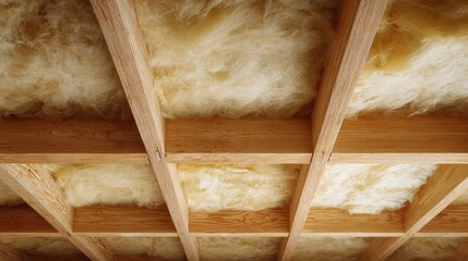 a close up view reveals wooden beams framing sections filled with fluffy white insulation material suggesting home construction or renovation processes high quality professional detailed modern