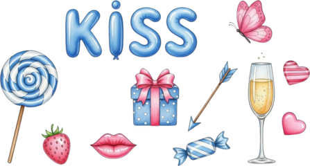 Blue balloon letters spelling KISS displayed with sweet treats like a swirl lollipop strawberry wrapped candy gift box champagne flute butterfly arrow and pink hearts love