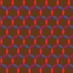 This image displays a seamless geometric pattern on a solid brown background. The pattern consists of interlocking oval shapes arranged in a repeating grid. The shapes alternate in color between red, 