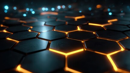 Fototapeta premium an abstract close up view of a dark surface composed of interconnected hexagonal cells illuminated with an intense orange glow creating a futuristic aesthetic high quality