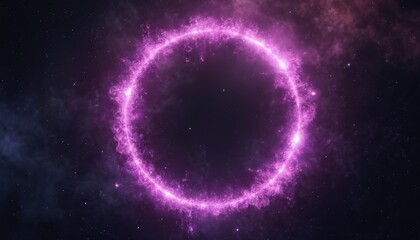Fototapeta premium Purple ring of fire on black starry background. Swirling cosmic dust and particles form a glowing nebula. Abstract vibrant vortex energy bursts in outer space.