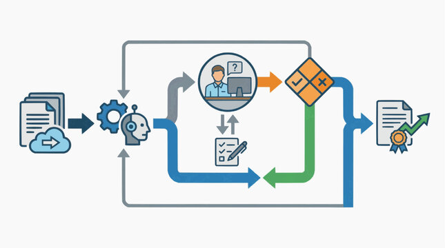 AI and Human Collaborative Workflow Diagram for Document Automation Process Optimization and Quality Control in Business Operations.