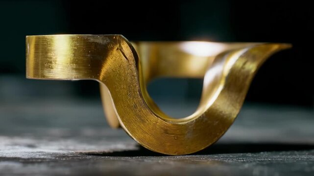 Medium shot of a curved brass sprue design demonstrating enhanced fluid dynamics in metal casting processes