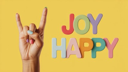 Obraz premium A hand displays a rock 'n' roll gesture next to colorful letters spelling 