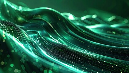 Abstract Green Wavy Lines with Glowing Particles and Bokeh.