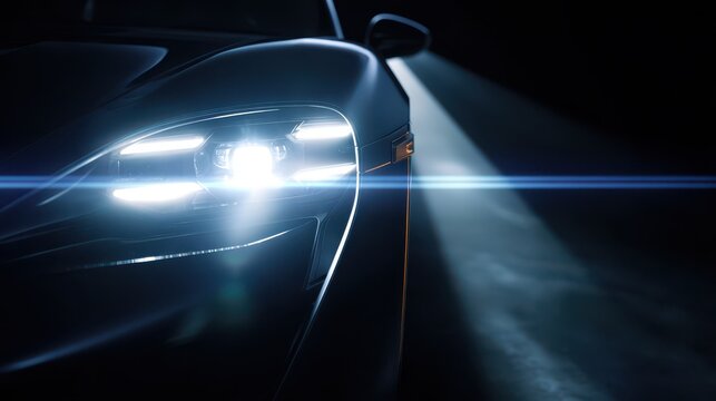 a striking close up view of a sleek modern car s illuminated headlights cutting through the darkness showcasing automotive lighting technology and design high quality professional