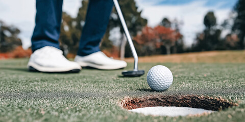 Golfer lining up a putt on a green course near sand trap, preparing for a precise stroke to the hole