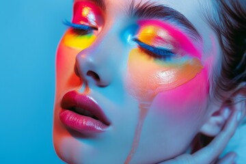 Close up of a woman with vibrant, artistic makeup, featuring dripping paint and bright neon colors, creating a striking visual