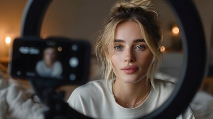 A woman is in front of a camera with a phone in her hand