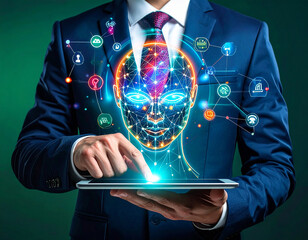 Innovative Businessman Interacting with Artificial Intelligence Facial Recognition and Business Data HUD on Tablet