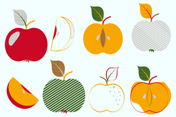 A set of flat vector illustrations featuring various whole and sliced apples with leaves. Modern fruit clip art elements for food design and harvest concepts.