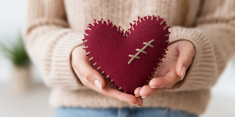 Fototapeta na wymiar Hands holding healing stitched red fabric heart representing mending emotional pain and recovery