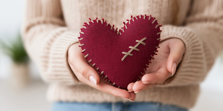 Hands holding healing stitched red fabric heart representing mending emotional pain and recovery