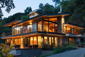 Obraz premium Warm lights illuminate a large modern home at dusk, nestled in a serene forest setting