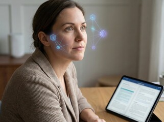 Woman with facial recognition digital graphics sitting at desk using AI-driven technology for intelligent learning interface