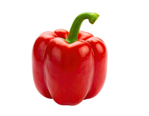 Isolated, vibrant red bell pepper with a curved green stem, against a black background