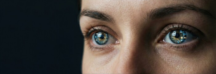 Closeup eyes reflecting digital interface with futuristic data graphics representing artificial intelligence and augmented vision