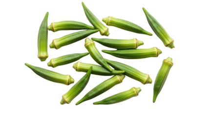 Fresh Green Okra Pods Scattered Top View isolated PNG with Transparent Background