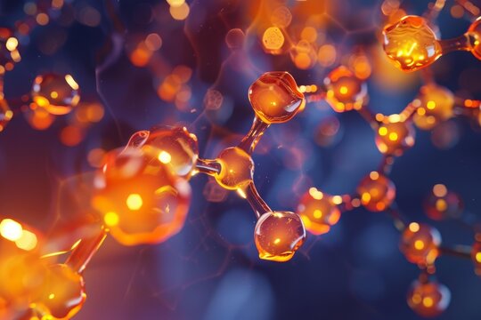 Abstract 3d render of glowing orange molecules forming complex structure on a dark background, concept of science and technology - Powered by Adobe