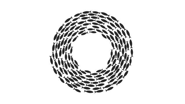 School of fish swimming in a circle silhouette. Teamwork concept and unity in nature vector illustration isolated on white background.