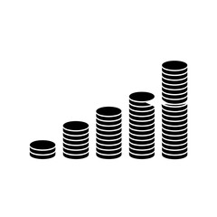 Black and white icon of five stacks of coins increasing in height, symbolizing financial growth and investment.