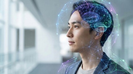 Portrait of thoughtful young man with neural network brain overlay symbolizing cognitive learning and artificial intelligence development