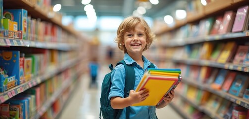 Smiling boy with blond hair and blue shirt holds colorful notebooks in a store. He wears a green backpack and looks forward to school supplies shopping.