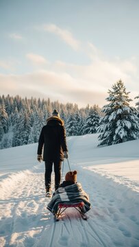 Dad pulling his child on a sled
