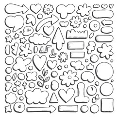 Hand drawn sketchy icons and decorative shapes set for website design social media stories and creative illustrations vector graphics