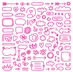 Large set of various hand-drawn outline doodle elements featuring arrows clouds hearts and abstract organic shapes