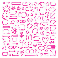 Set of various hand-drawn design elements for creative projects collection of doodle shapes arrows clouds and speech bubbles
