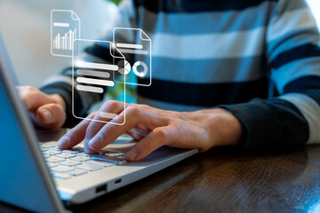 Typing On Laptop While Preparing Annual Report, Office Multitasking With Documents Software Data And Analytics For Business Productivity And Reporting