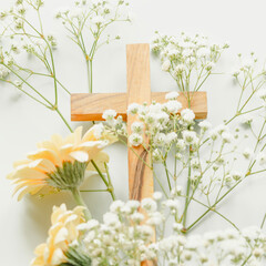 Religion Wooden Cross with Delicate Spring Flowers for Christian Content. Spiritual Aesthetic Featuring Gypsophila and Yellow Blooms on Neutral Background for Easter, Sympathy, and Baptism Designs