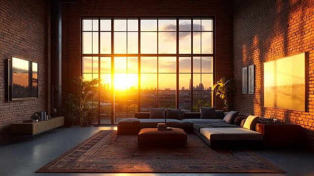 Modern living room smart design future interiors large windows warm sunset city view cozy atmosphere inviting loft space