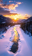 Winter Sunset over a Partially Frozen River in a Mountain Valley.