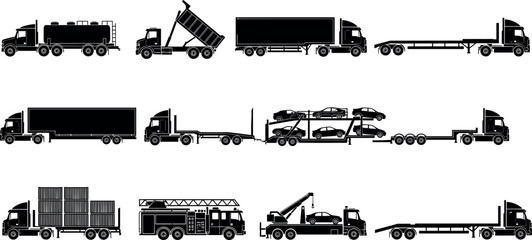 Commercial truck silhouettes vector set featuring cargo, tanker, dump, car carrier, flatbed, container, and service trucks for logistics industry © Emon